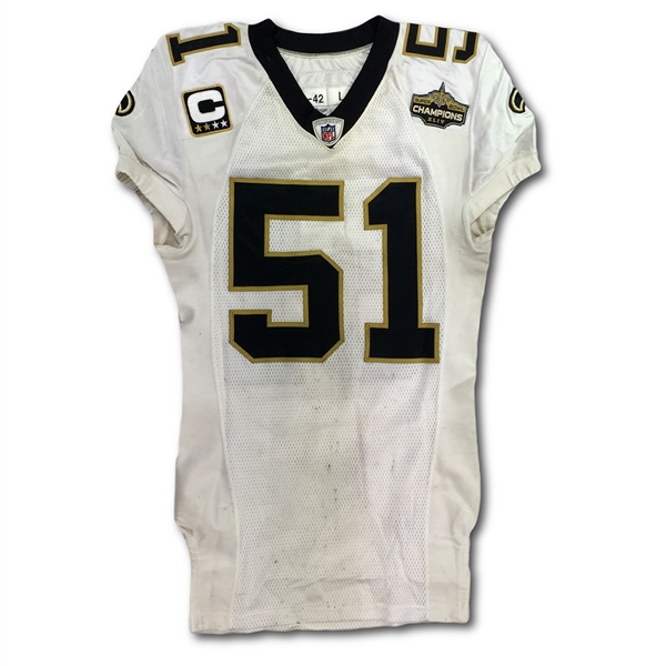 Jonathan Vilma 2010 New Orleans Saints Game Used Jersey - SB XLVI Champs Patch (NFL Auctions COA)