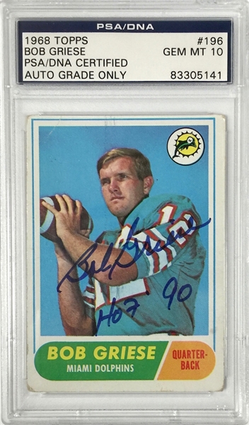 1968 Topps Bob Griese Signed Rookie Card - PSA Gem Mint 10 Autograph Grade