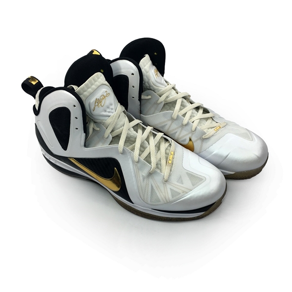 LeBron James 2011-12 Game Worn White/Gold Nike Shoes - Photomatched (Akron Childrens Hospital COA)