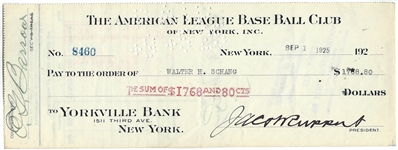 Jacob Ruppert & Ed Barrow Signed 1925 “ The American League Baseball Club of New York, Inc.” Check for $1,768.80 (JSA LOA)