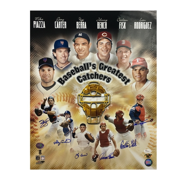 Catching Greats Multi Signed 16x20" Collage Photo - Berra, Carter, Fisk, Bench, Rodriguez, Piazza - (JSA)