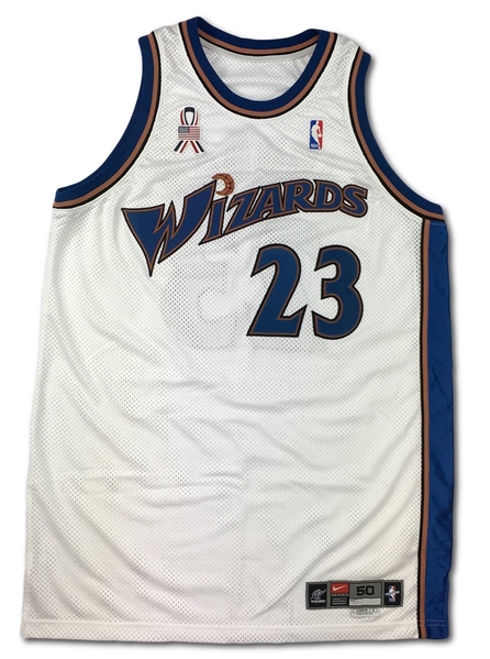 Michael Jordan 2001-02 Washington Wizards Game Worn Home Jersey - 9/11 Ribbon Patch