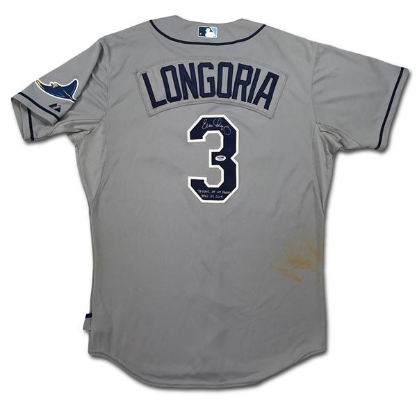 Evan Longoria 2015 Game Used & Signed Tampa Bay Rays Road Jersey - Dirty (MLB Auth.)