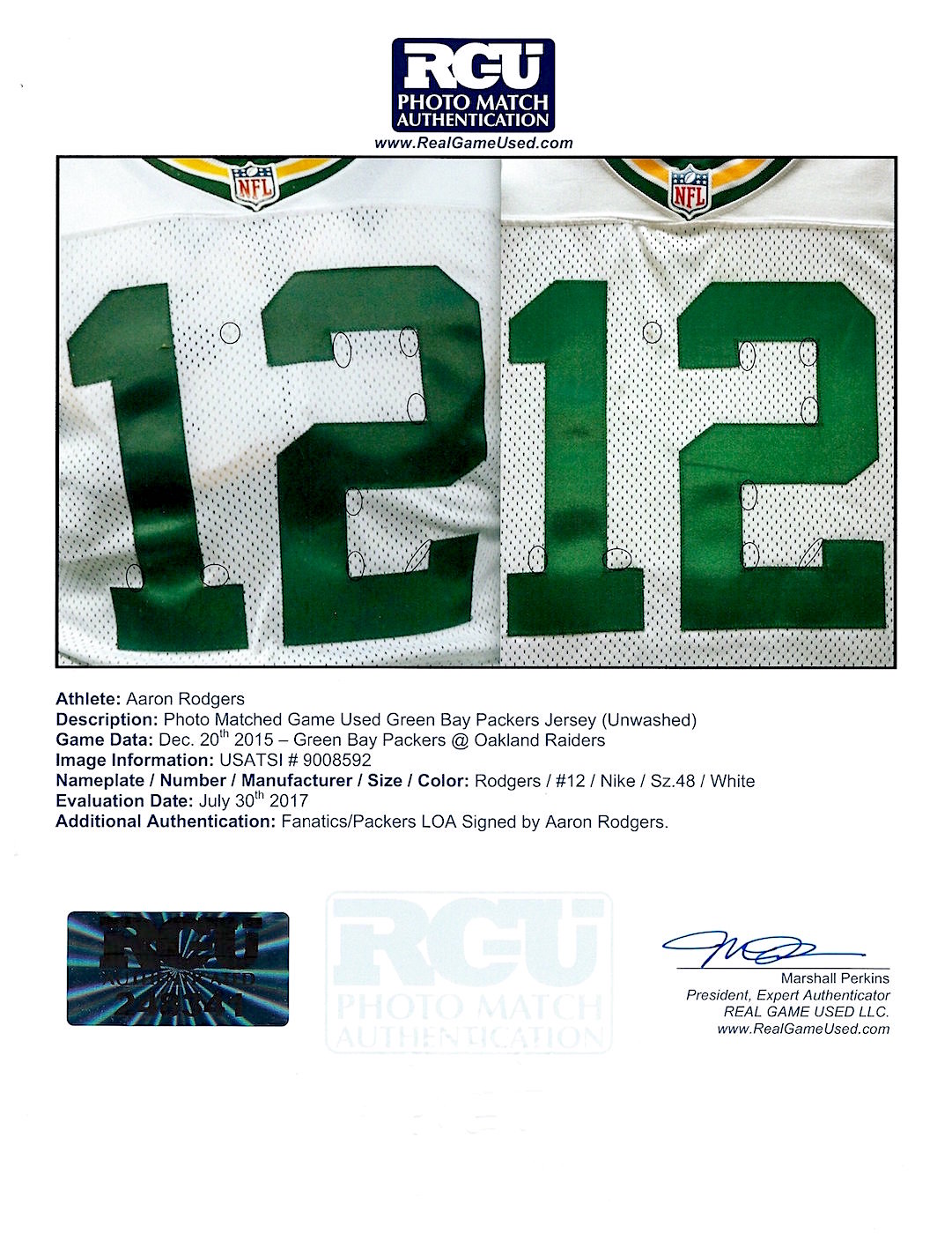 aaron rodgers game used jersey
