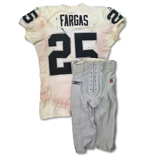 Justin Fargas 12/28/2008 Oakland Raiders Game Used Road Jersey & Pants - Unwashed, Photo Matched