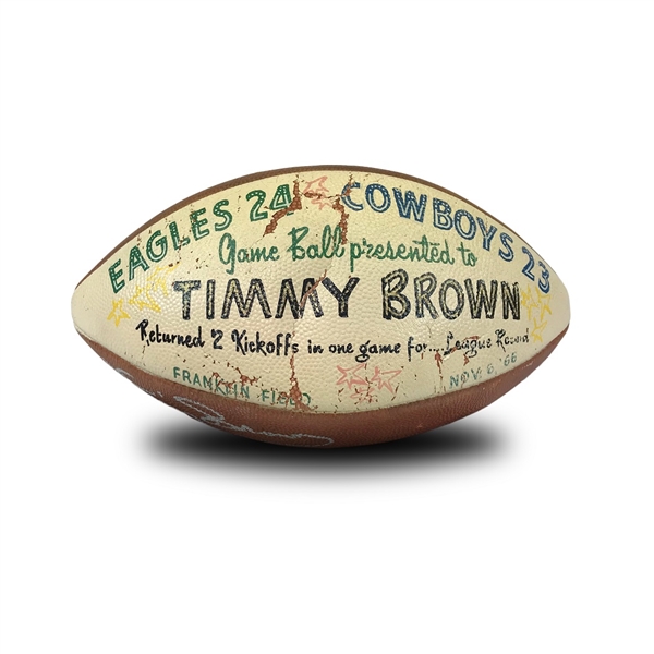 Timmy Brown 11/6/1966 Painted Game Ball - Eagles vs Cowboys Game Used & Signed - NFL Record 2 Kickoff Returns