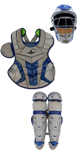 Victor Caratini 2017 Rookie Game Used & Signed Catchers Mask, Chest Protector & Shin Guards (Schneider Collection)