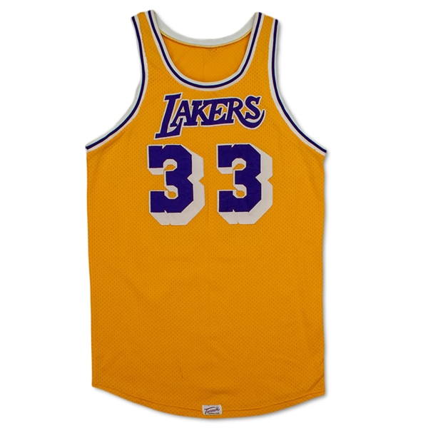 Kareem Abdul-Jabbar Los Angeles Lakers Game Worn Home Jersey - Excellent Wear (76ers Equipment Staff Letter/MEARS A9.5)