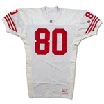 Jerry Rice 1992 San Francisco 49ers Game Worn & Signed Jersey - Gifted to NBA Star Larry Johnson, Evident Use (PSA/MEARS A10)