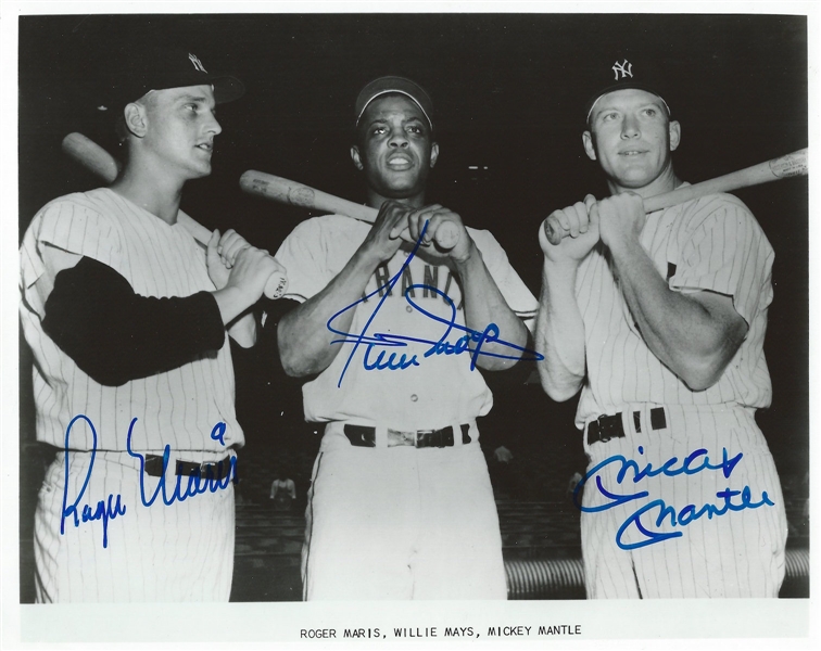 Mickey Mantle, Roger Maris & Willie Mays Signed 8x10" Photo - PSA Mint 9 Autographs