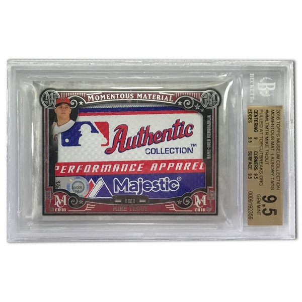 2016 Mike Trout Topps Museum Collection 1 of 1 Game Used Laundry Tag Patch w/MLB AUTH Sticker! - BGS 9.5 Gem Mint! 