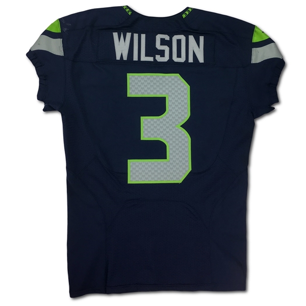 Russell Wilson 2015-2016 Seattle Seahawks Game Used Home Jersey - Incredible Wear, Repairs