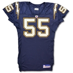 Junior Seau 2002 San Diego Chargers Game Used & Signed Home Jersey - 9 Games! 13 Repairs, Photo Match