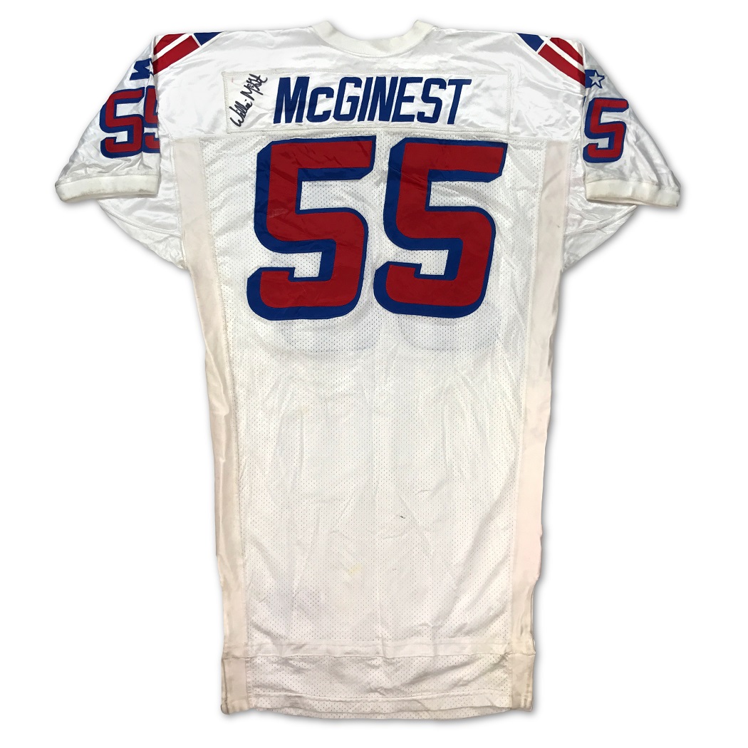 Lot Detail - Willie McGinest 1997 New England Patriots Game Used & Signed  Road Jersey - Incredible Use & Repairs