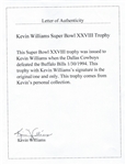 1994 Super Bowl XXVIII Player's Lombardi Trophy Presented to Kevin Williams of the Dallas Cowboys (Williams LOA)