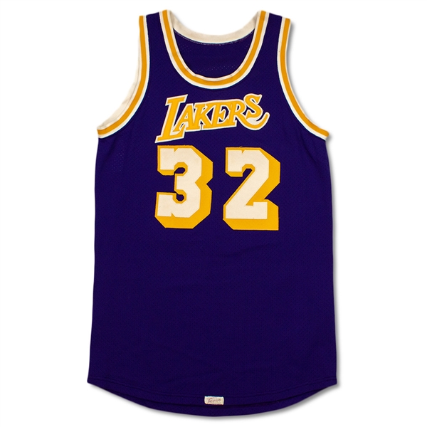 Magic Johnson 1980-85 Los Angeles Lakers Game Worn & Signed Road Jersey (MEARS A10)