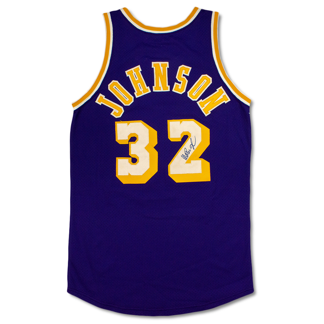 1988-89 Magic Johnson Los Angeles Lakers (MVP Season) Game Worn Home Jersey  with Black Armband Worn in Playoffs (MEARS) - SOLD - SCP AUCTIONS