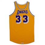 Kareem Abdul-Jabbar Los Angeles Lakers Game Worn Home Jersey - Excellent Wear (76ers Equipment Staff Letter/MEARS A9.5)