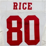 Jerry Rice 1992 San Francisco 49ers Game Worn & Signed Jersey - Gifted to NBA Star Larry Johnson, Evident Use (PSA/MEARS A10)