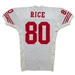 Jerry Rice 1992 San Francisco 49ers Game Worn & Signed Jersey - Gifted to NBA Star Larry Johnson, Evident Use (PSA/MEARS A10)