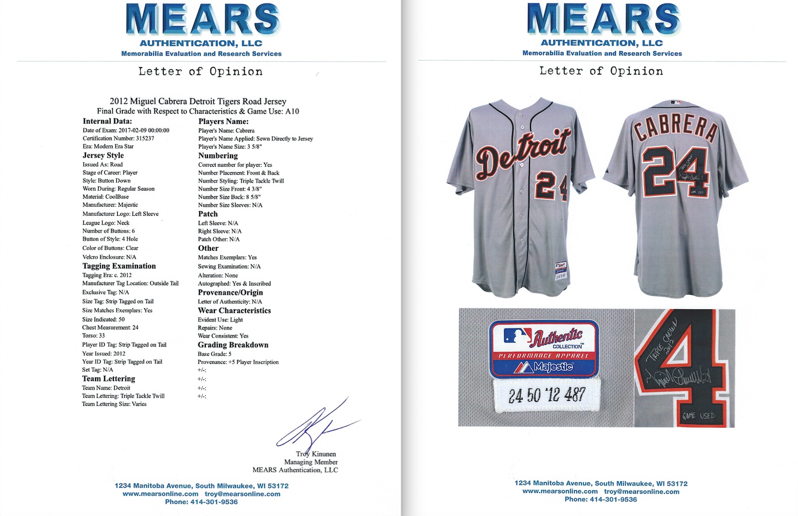 Lot Detail - Miguel Cabrera 2012 TRIPLE CROWN Game Used & Signed