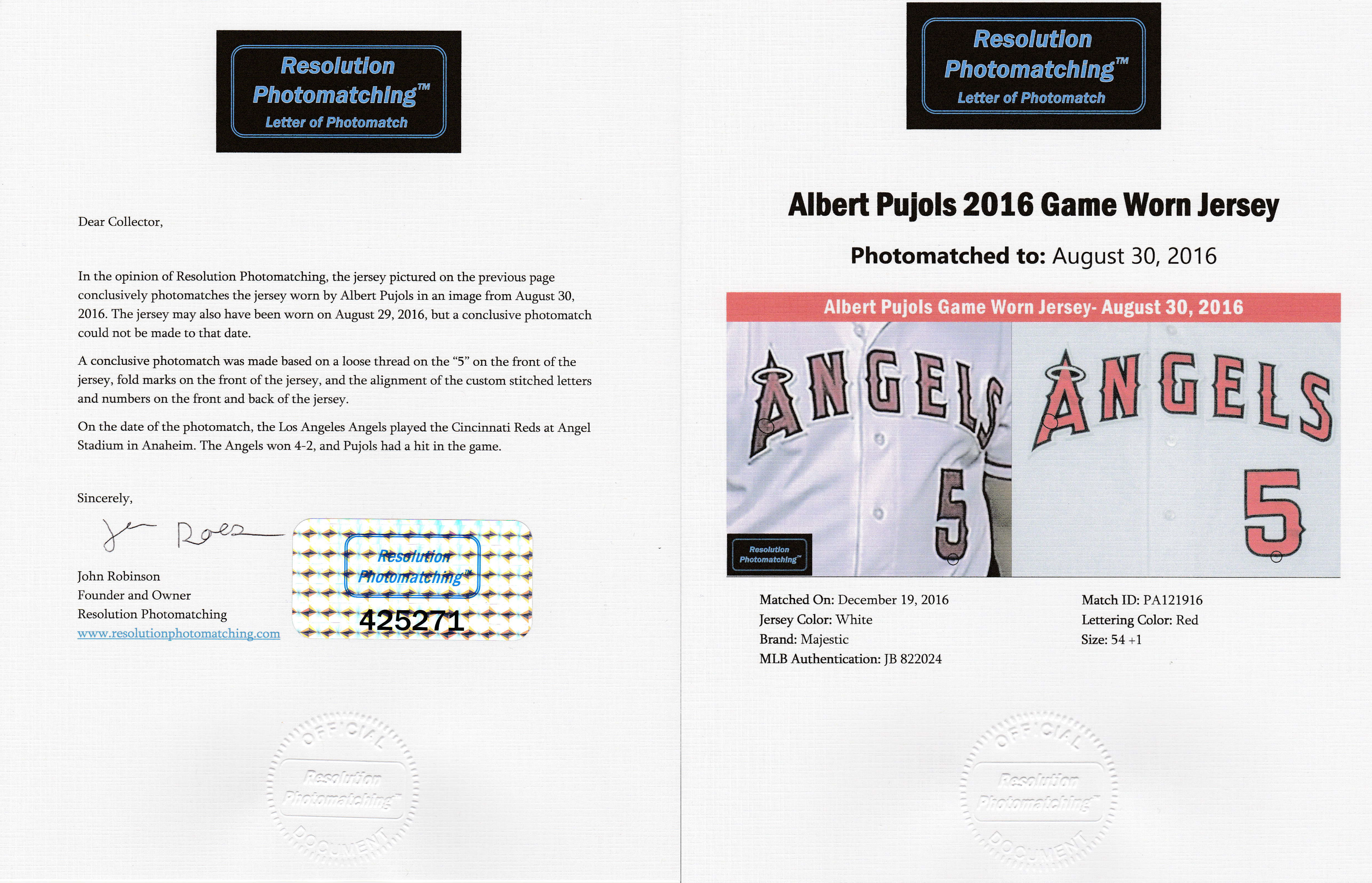 albert pujols game used jersey