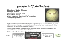 Walter Johnson Single Signed Official League Spalding Cork Center Baseball w/PSA 6 Signature (PSA/DNA 5.5 Overall/SGC)
