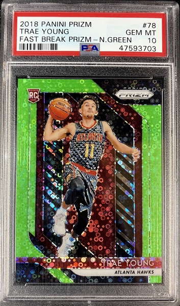 Trae Young 2018-19 Panini Prizm Fast Break NEON GREEN Rookie Card #d 4/5! - PSA 10 (Population 1) Ultra Rare Investment Piece