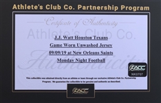 J.J. Watt 9/19/2019 Houston Texan Game Worn MNF Jersey - RGU Photo Matched (Athletes Club Co, RGU) Walter Payton, RCM & 100th Patch