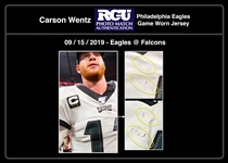 Carson Wentz 9/15/19 Philadelphia Eagles Game Used, Signed & Inscribed Jersey - Photo Matched (Athletes Club Co, RGU) 100th Patch! 2 Touchdowns!