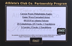 Carson Wentz 9/15/19 Philadelphia Eagles Game Used, Signed & Inscribed Jersey - Photo Matched (Athletes Club Co, RGU) 100th Patch! 2 Touchdowns!