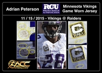 Adrian Peterson 11/15/15 Minnesota Vikings Game Worn Jersey RECORD 6TH 200 YARD GAME! Photo Matched, 3rd Rush Title (ACC, RGU) 80 Yard TD!