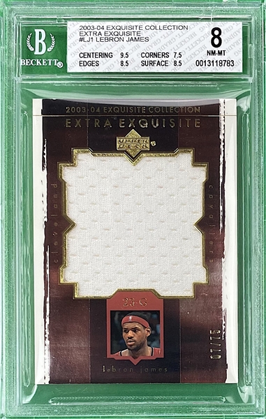 2003-04 UD Exquisite Collection "Extra Exquisite" #LJ LeBron James Game Used Jersey Rookie Card (#07/75) - BGS NM-MT 8