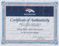 Champ Bailey 2010 Denver Broncos Game Worn Road Jersey - Unwashed - Photo Matched to 11/22/2010 
