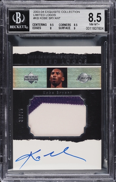 2003-04 UD Exquisite Collection Limited Logos #KB Kobe Bryant Game Auto Used  Patch Card BGS 8.5 - Perfect Autograph, 2 Color Patch