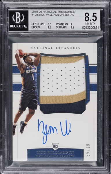 2019-20 Panini National Treasures #108 Zion Williamson Rookie Patch Autograph Card - BGS 8.5 w/Gem Mint 10 Auto