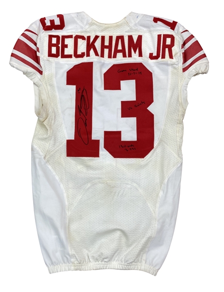 Odell Beckham Jr. 11/1/2015 New York Giants "Superdome Duel" Game Worn, Signed & Inscribed Road Jersey- 3 Touchdowns, Unwashed, Photo Matched (Meigray)