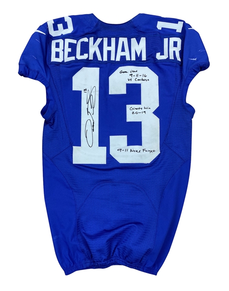 Odell Beckham Jr. 9/11/2016 New York Giants Game Worn, Signed & "9-11 Never Forget" Inscribed Road Jersey - Unwashed, Photo Matched (RGU LOA)