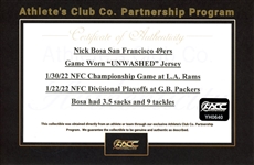 Nick Bosa 1/30/22 San Francisco 49ers Game Worn & Signed NFC Championship Game Jersey - Photo Matched to 2 Games! Unwashed (RGU, Athlete's Club Co)