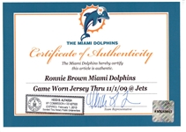Ronnie Brown 2009 Miami Dolphins Game Worn Home Jersey - Dophins COA