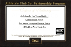 Josh Jacobs 12/6/2020 Las Vegas Raiders Signed Game Issued Home Jersey - Inaugural Season Patch (Athlete's Club Co.)