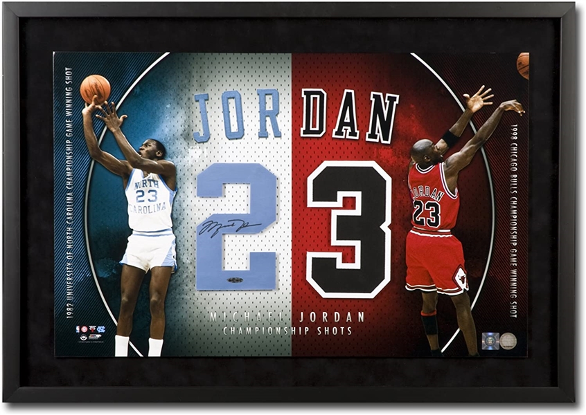 Michael Jordan Autographed UNC/Bulls "Championship Shots" Jersey Numbers Framed Display (UDA Sticker/JSA) 