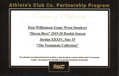 Zion Williamson 2019-20 Rookie Game/Practice Worn Bayou Boys Jordan Sneakers - Extensive Wear (Athlete's Club Co.)