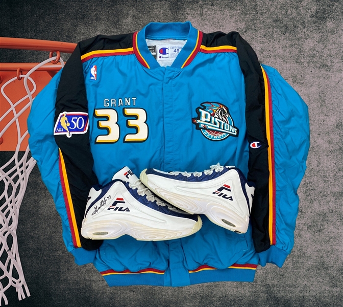 Grant Hill 1996-97 Game Worn Detroit Pistons Warm Up Jacket and Sneakers (Autographed) - Grant Hill Provenance