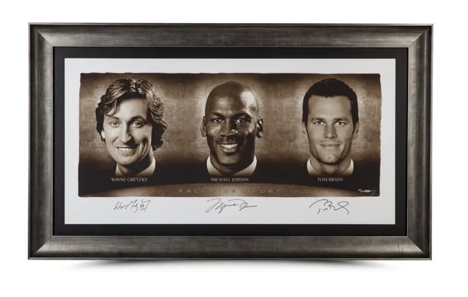 Wayne Gretzky, Michael Jordan and Tom Brady Autographed/Signed “Faces of Sport” 58 x 34 Framed UDA / Upper Deck