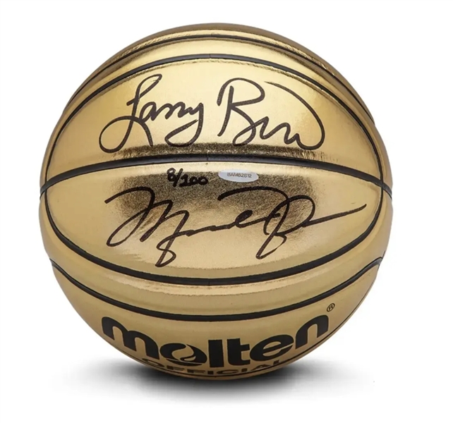 Michael Jordan & Larry Bird Autographed/Signed Molten Gold Trophy Basketball UDA / Upper Deck LE 100