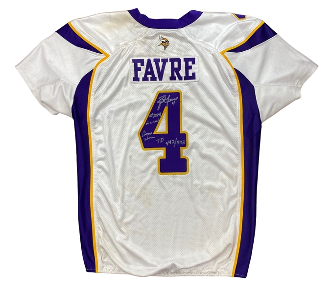 Brett Favre 2009 Minnesota Vikings Game Used & Signed Jersey - Photo Matched - Milestone TDs (Meigray/RGU)