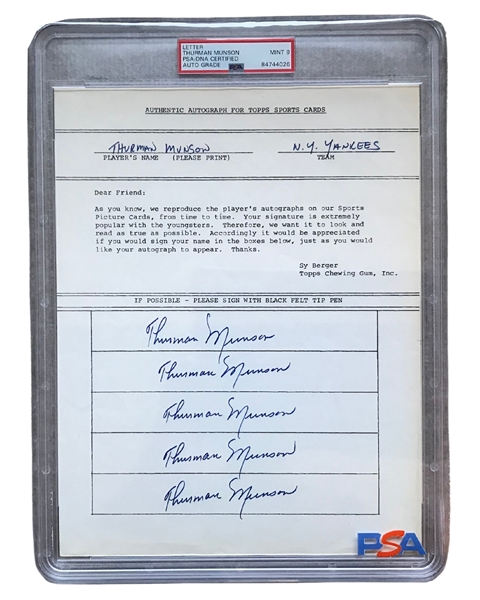 1970 Topps Vault Thurman Munson Signature/Auto Sheet – PSA Encapsulated 9 MINT 5 Autographs! Topps Vault COA - Rare Find