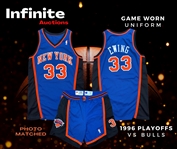 Patrick Ewing 1995-96 New York Knicks PHOTO MATCHED Game Worn Road Playoff Jersey & Shorts - ECSF vs. Bulls (RGU Match LOA)  