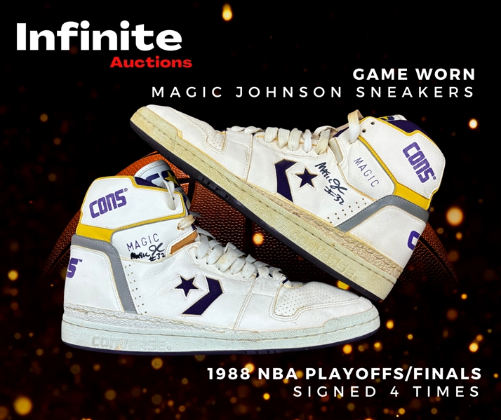 Magic Johnson 1988 NBA Playoffs/Finals Game Worn & 4X Signed Converse ERX-400 Sneakers (RGU Authenticated)
